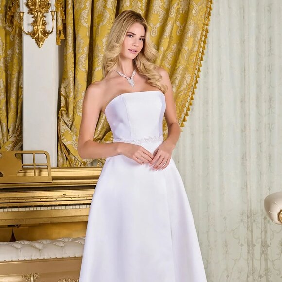 New Strapless A-Line Wedding Gown w/ Straight Across Neck & Beaded Waist GL3718 - Picture 1 of 14